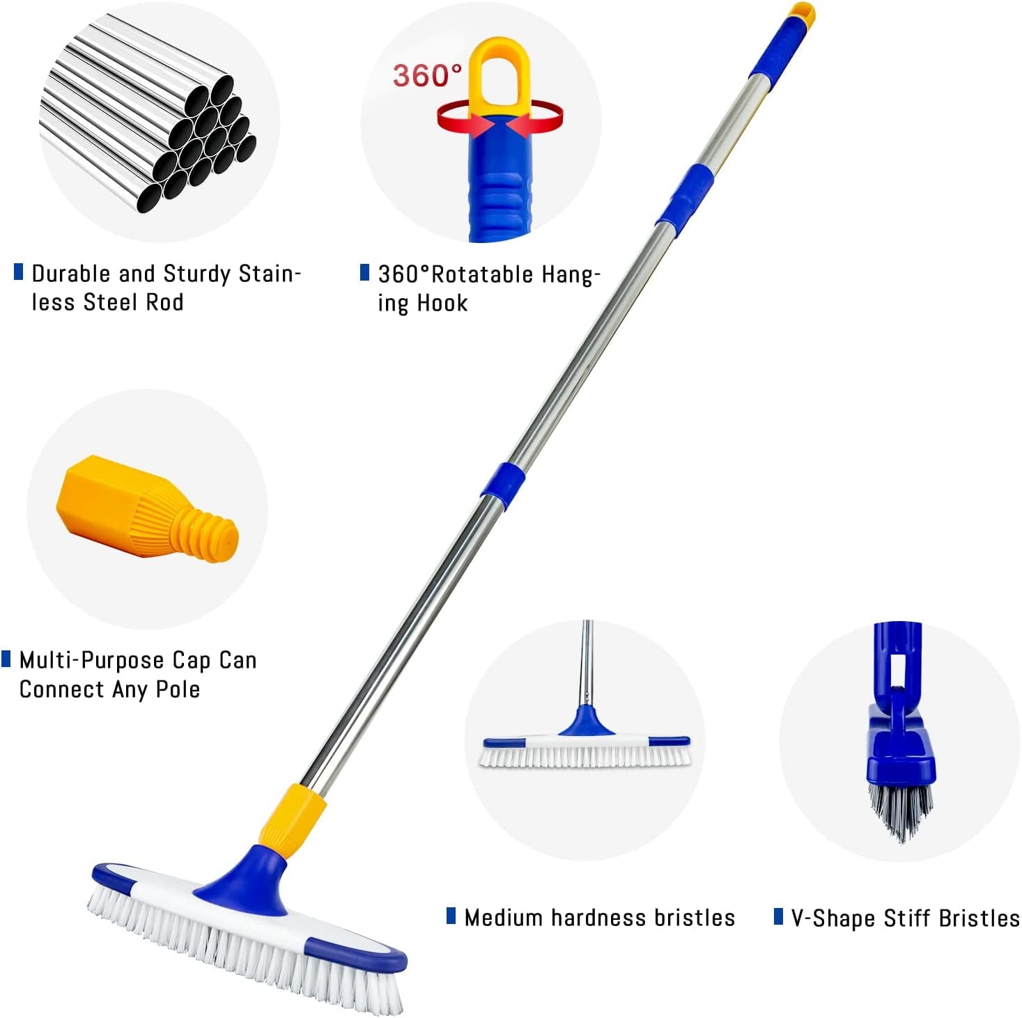 Floor Scrub Brush with Stainless Steel Long Handle, Extendable Cleaning Brush Set-2*Brush Head - Image 6