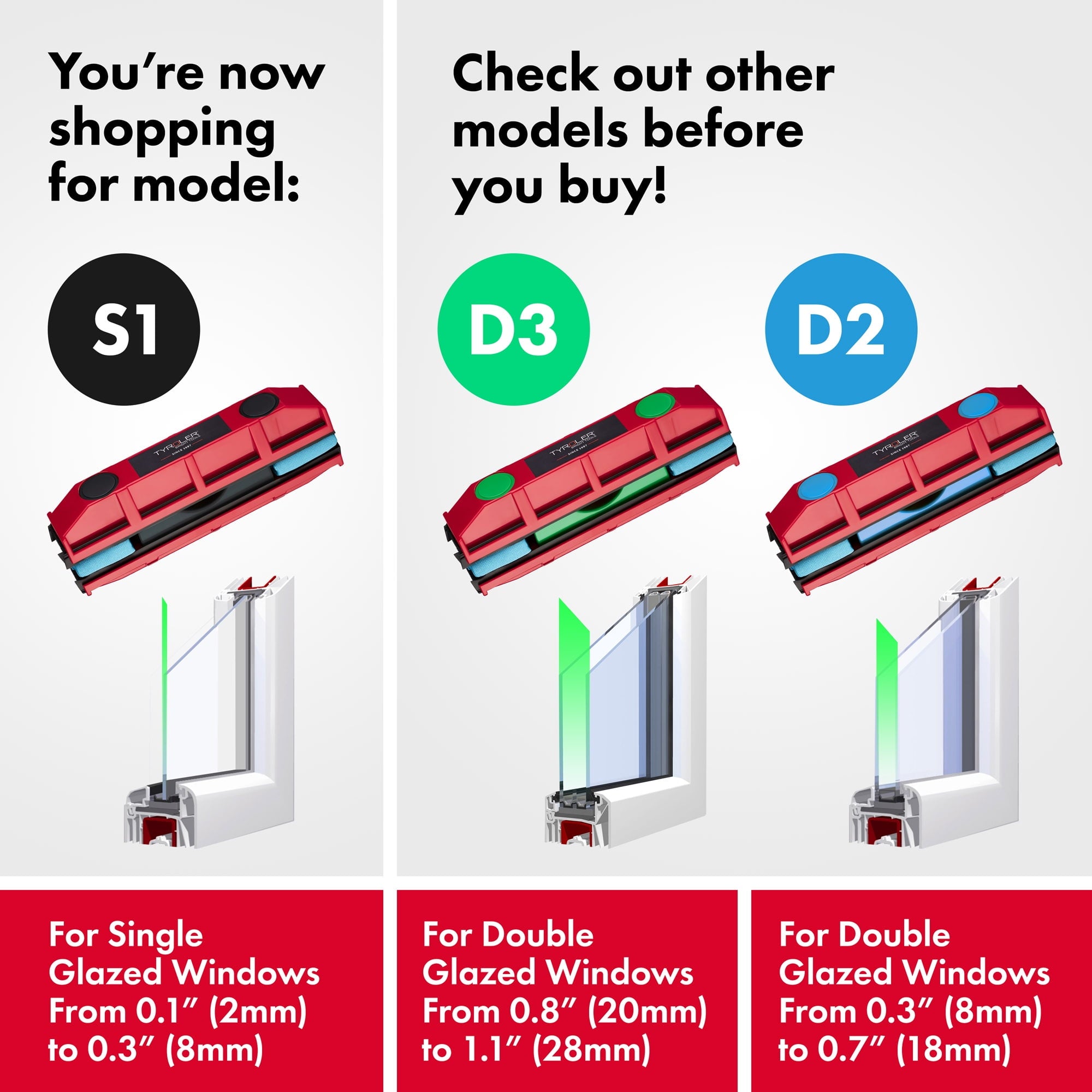 Bright Tools Glider S-1 Magnetic Window Cleaner Tool, Single Glass Squeegees 0.1"-0.3" Only