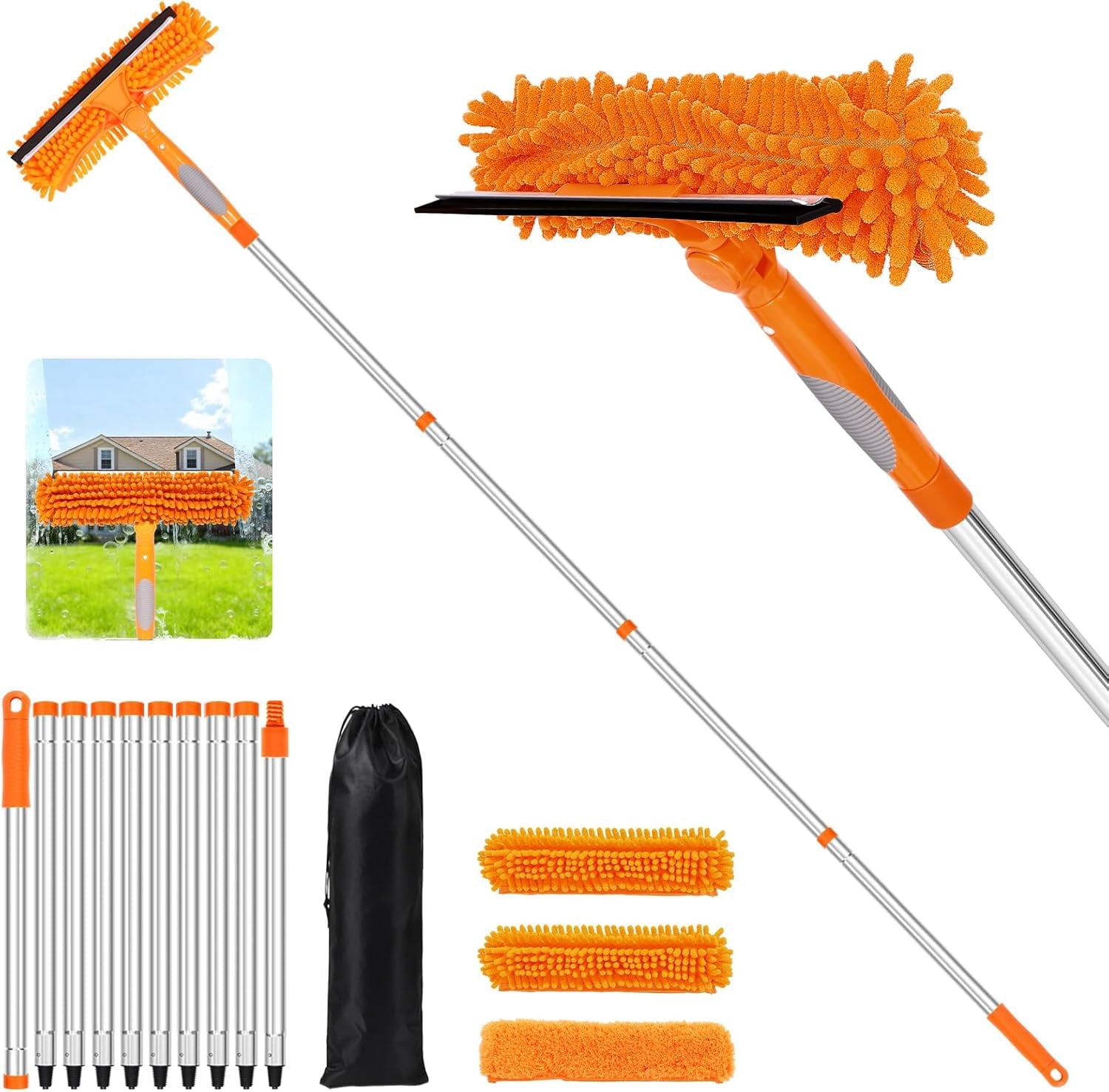 152'' Window Cleaning Kit, 2 in 1 Window with Extension Poles, Window Cleaner Tools for Indoor/Outdoor High Window, , Glass