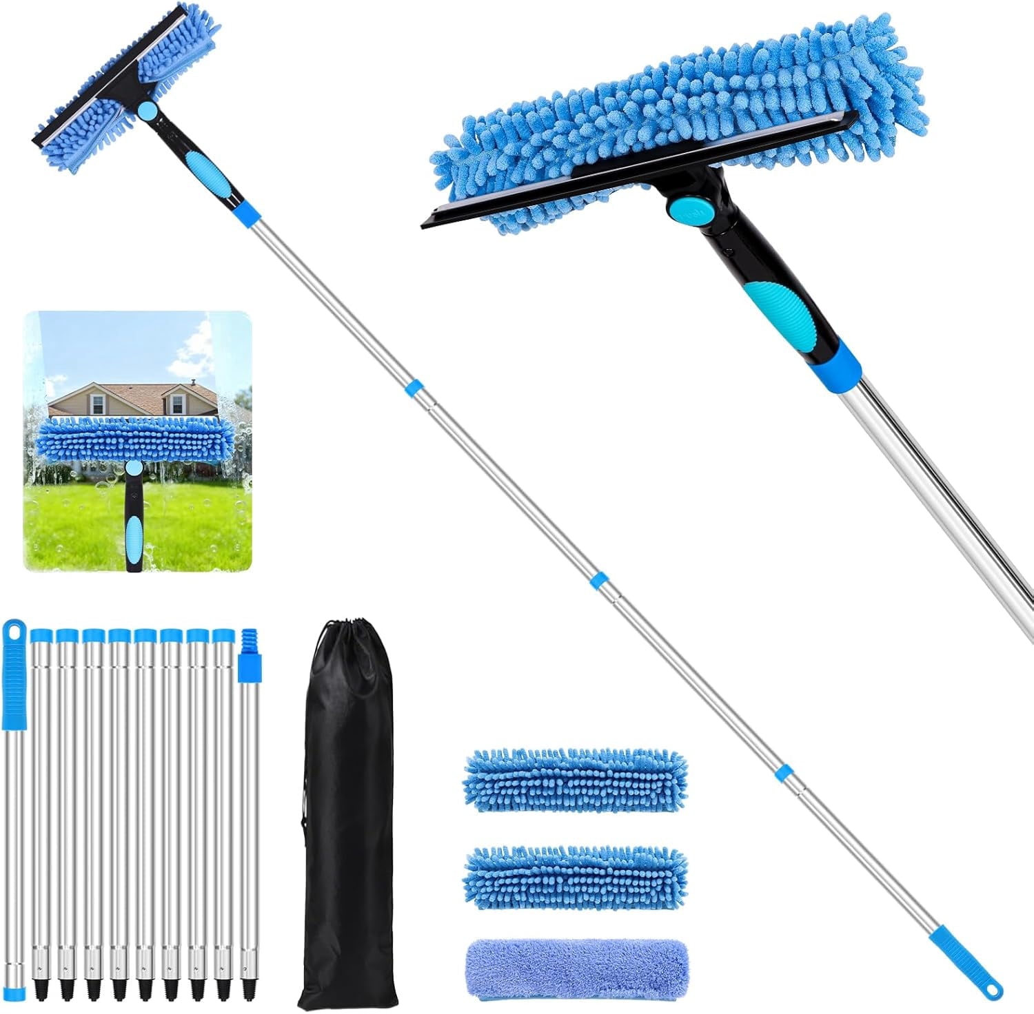 152'' Window Cleaning Kit, 2 in 1 Window with Extension Poles, Window Cleaner Tools for Indoor/Outdoor High Window, , Glass