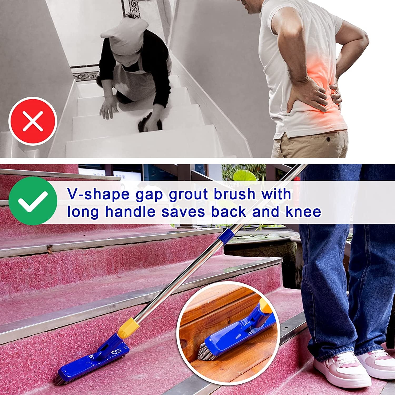 Floor Scrub Brush with Stainless Steel Long Handle, Extendable Cleaning Brush Set-2*Brush Head - Image 4