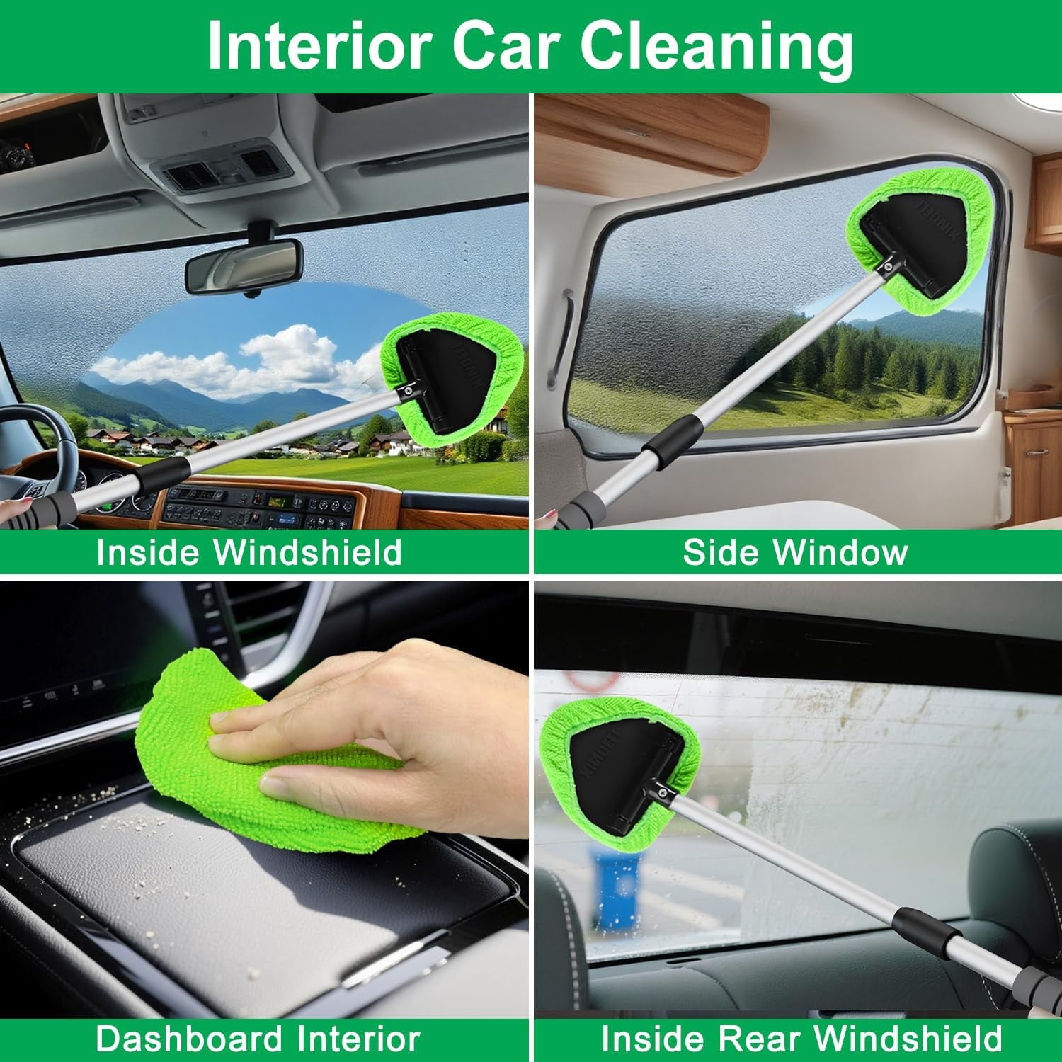 Portable Windshield Cleaner Tool – Car Interior Window Cleaning Kit with Extended Long Handle &amp; 4 Microfiber Pads