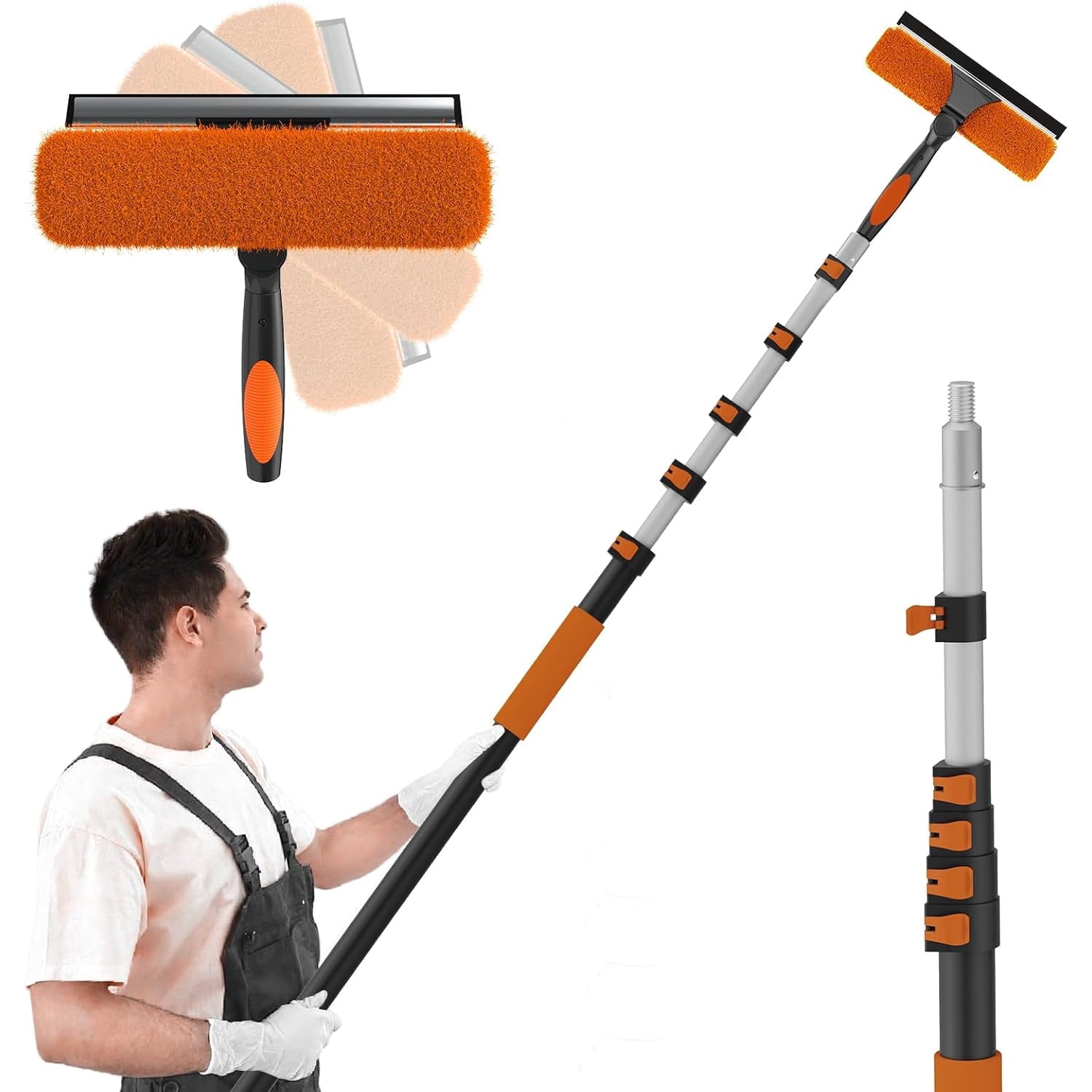 30FT Reach 2-in-1 Window Squeegee, Window Washing Kit with 5-24FT Extension Pole for Home, Indoor Outdoor Squeegee with Rotatable Head for High Windows