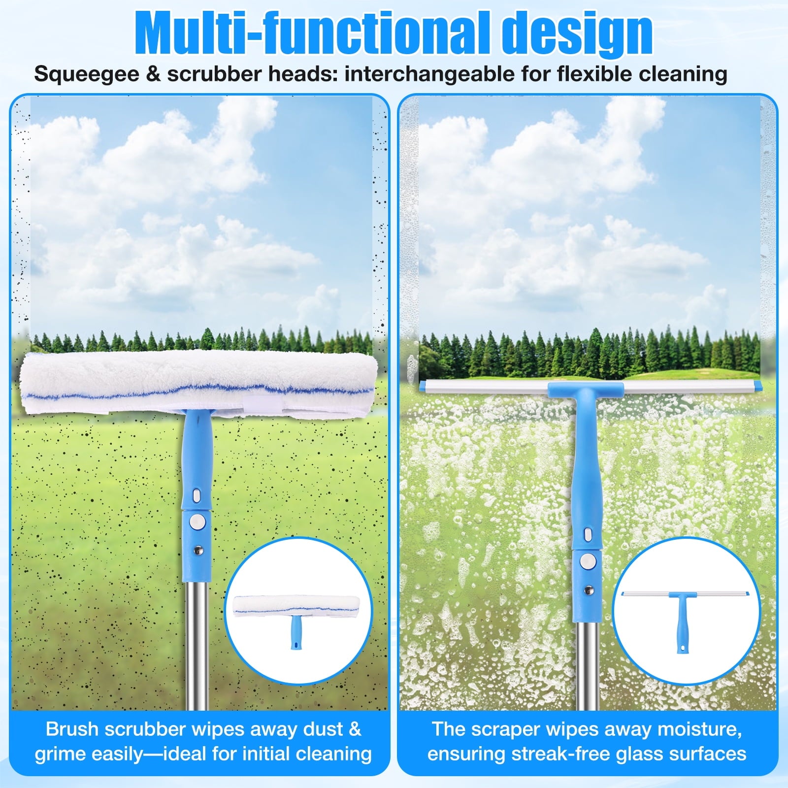 Window Squeegee with 61inch Long Handle, Window Cleaning Tools with Squeegee Scrubber and Scraper Blade, Window Cleaning Kit for Shower Glass Mirror Door