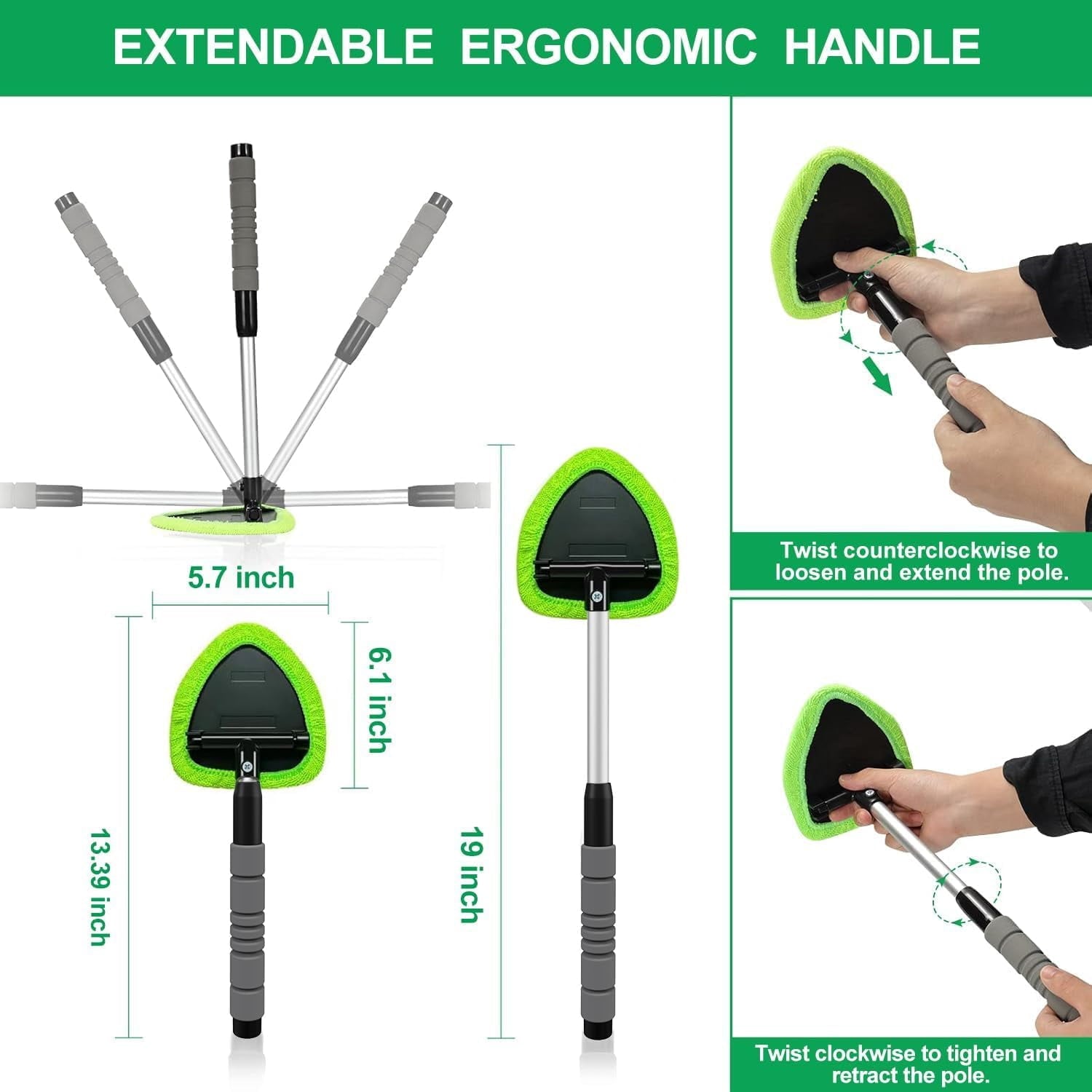 Portable Windshield Cleaner Tool – Car Interior Window Cleaning Kit with Extended Long Handle &amp; 4 Microfiber Pads