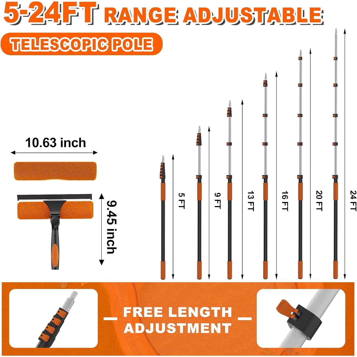30FT Reach 2-in-1 Window Squeegee, Window Washing Kit with 5-24FT Extension Pole for Home, Indoor Outdoor Squeegee with Rotatable Head for High Windows