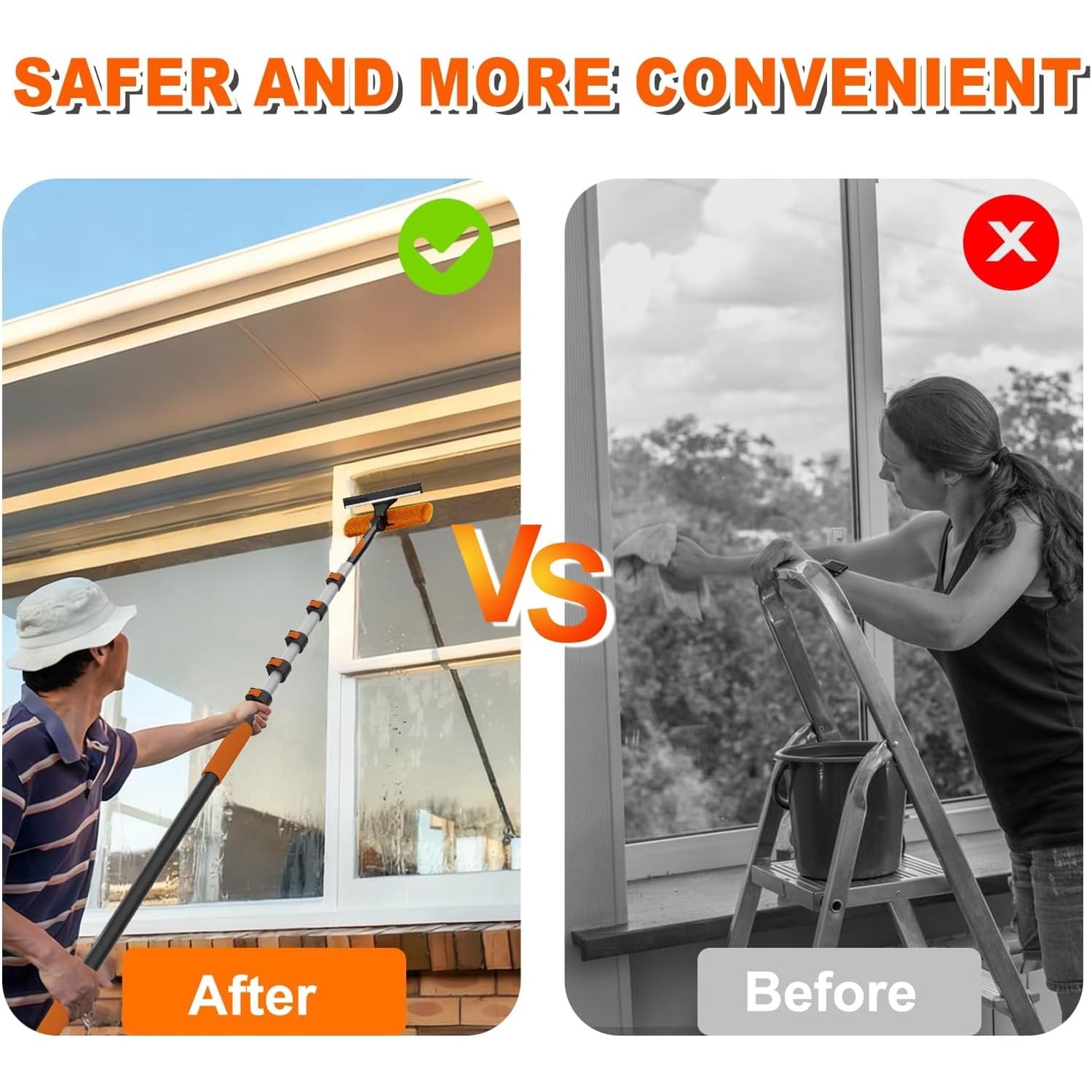 30FT Reach 2-in-1 Window Squeegee, Window Washing Kit with 5-24FT Extension Pole for Home, Indoor Outdoor Squeegee with Rotatable Head for High Windows