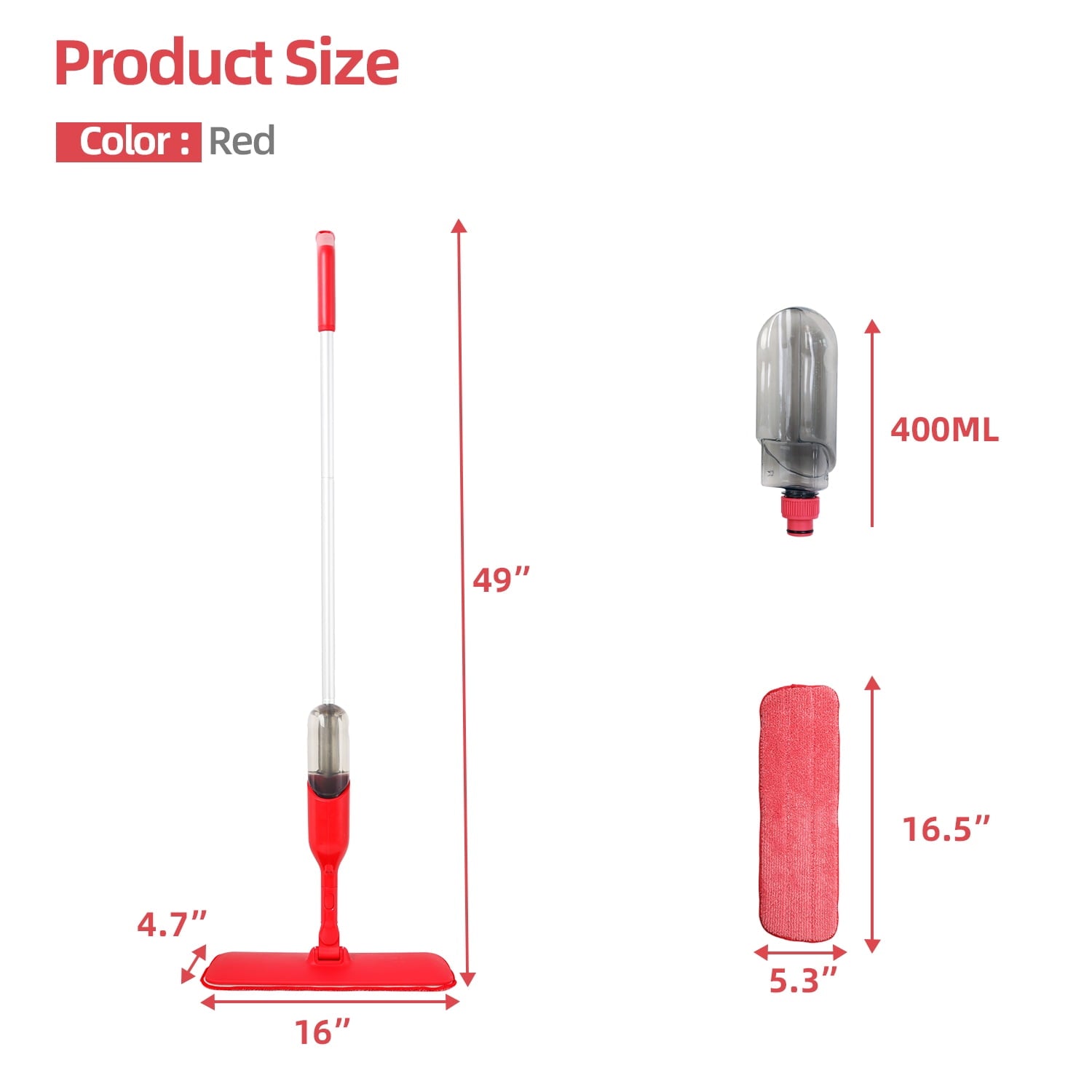 Mop with 2 Microfiber Mop Pads for Wood, Tile, Marble Floor Cleaning, Red - Image 3