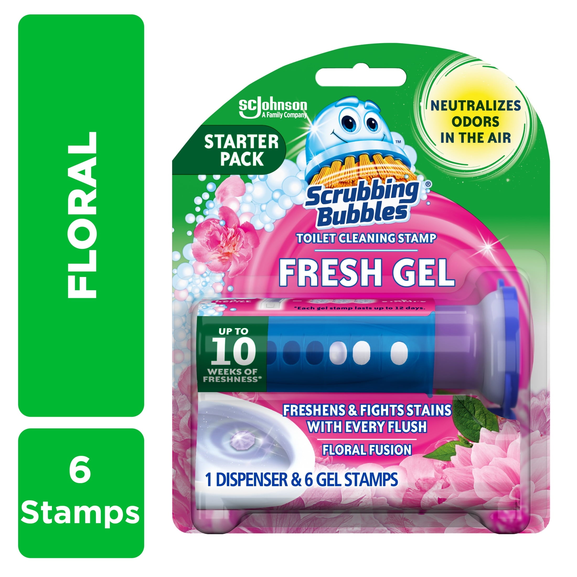 (6 pack) Fresh Gel Toilet Cleaning Stamp, Floral Fusion, Dispenser with 6 Gel Stamps, 1.34 oz
