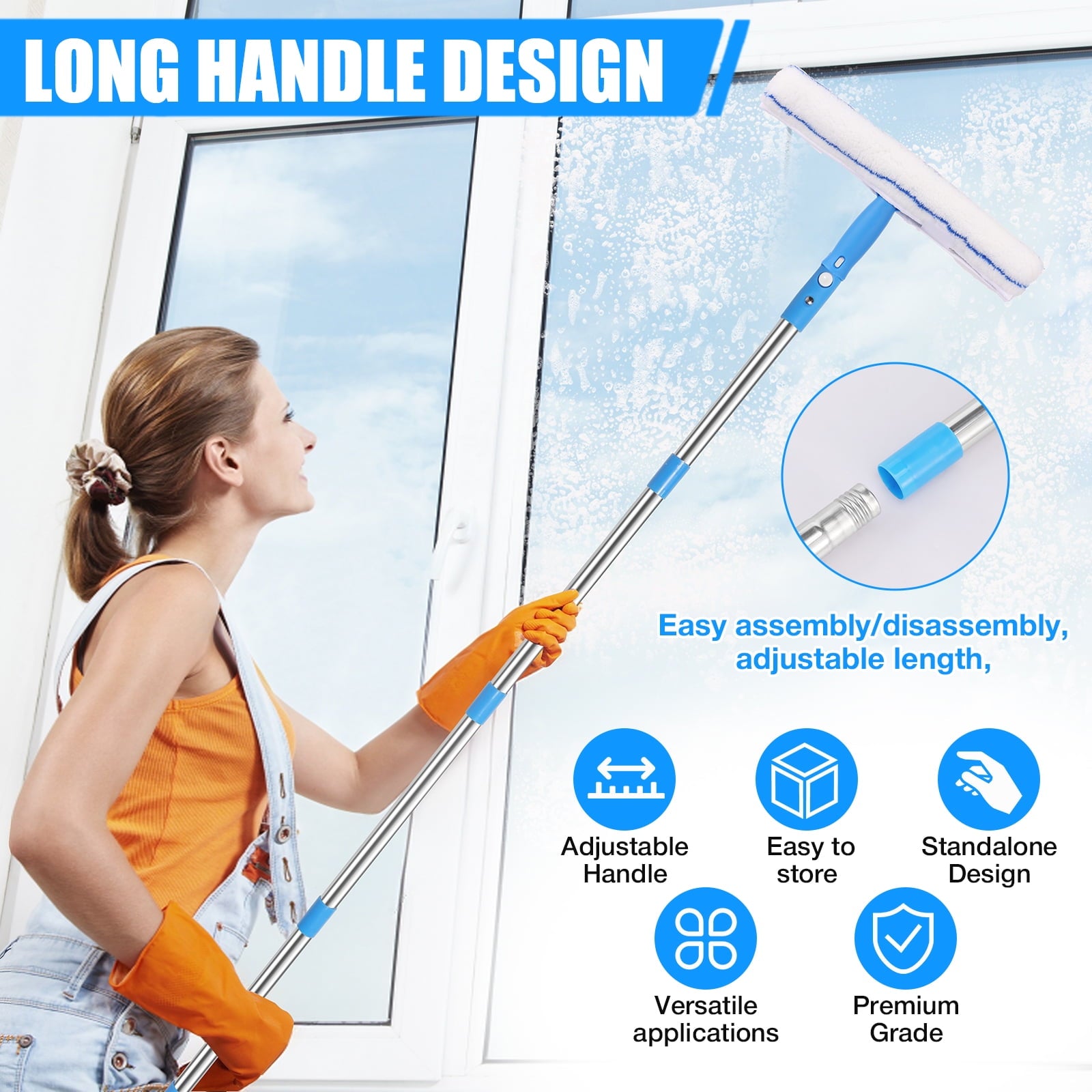Window Squeegee with 61inch Long Handle, Window Cleaning Tools with Squeegee Scrubber and Scraper Blade, Window Cleaning Kit for Shower Glass Mirror Door