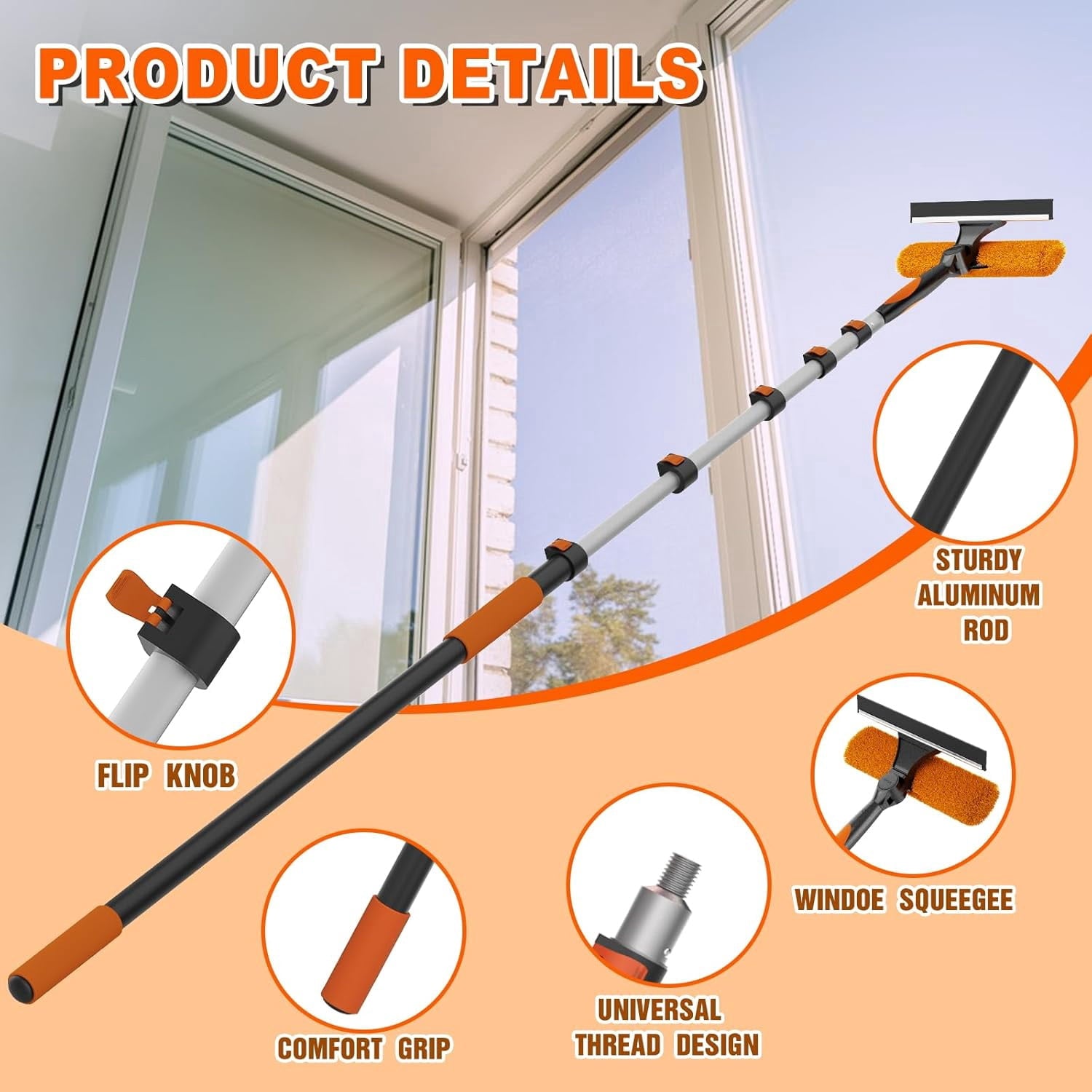 30FT Reach 2-in-1 Window Squeegee, Window Washing Kit with 5-24FT Extension Pole for Home, Indoor Outdoor Squeegee with Rotatable Head for High Windows
