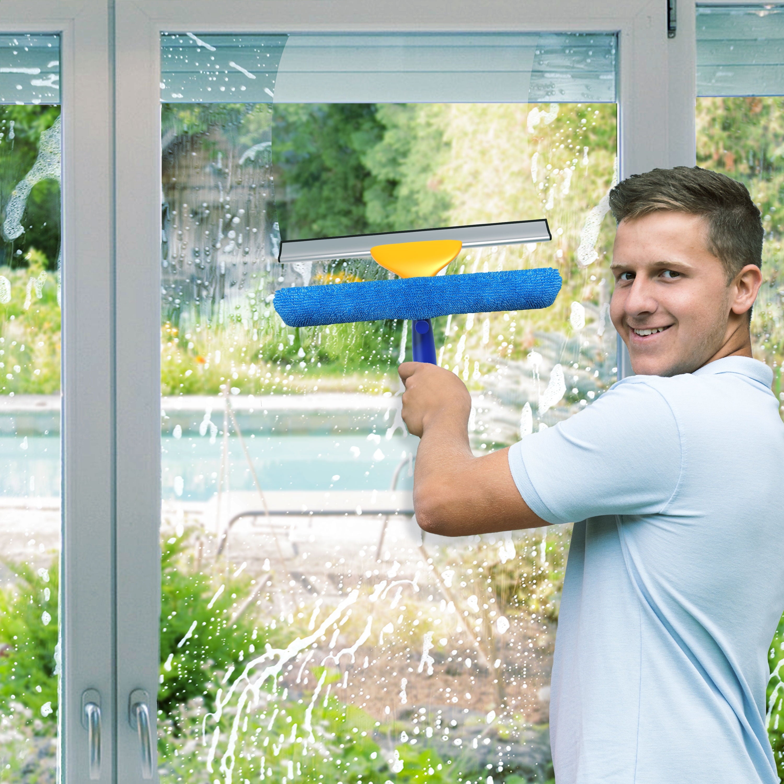 Window Cleaning Combo Tool by – 2 in 1 Window Cleaner Kit Includes 12.5 Inch Microfiber Scrubber Pad and Window Squeegee – Washing Supplies for Windows and Glass Shower Doors