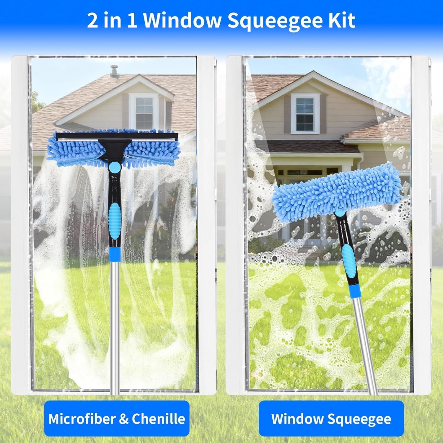 152'' Window Cleaning Kit, 2 in 1 Window with Extension Poles, Window Cleaner Tools for Indoor/Outdoor High Window, , Glass