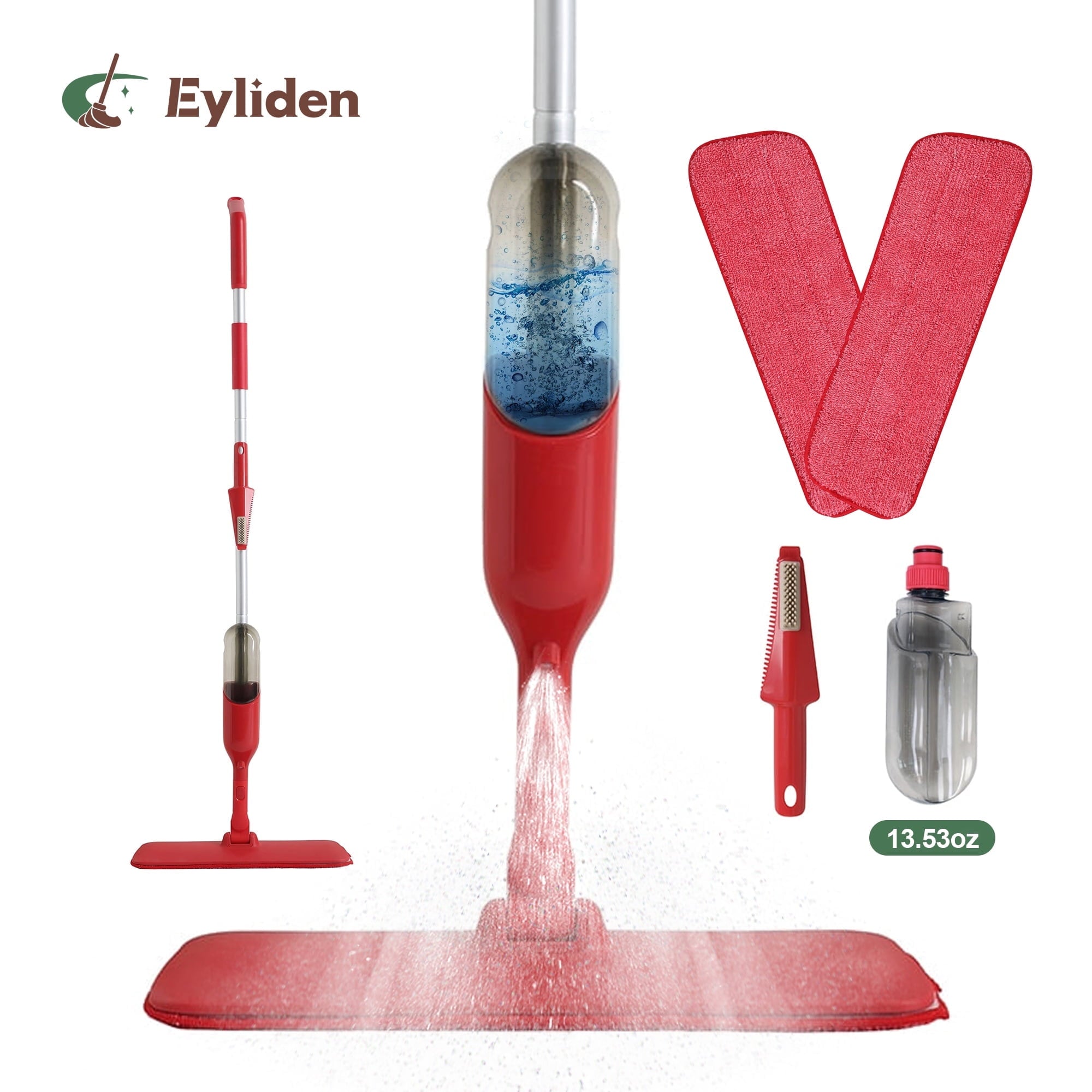 Mop with 2 Microfiber Mop Pads for Wood, Tile, Marble Floor Cleaning, Red