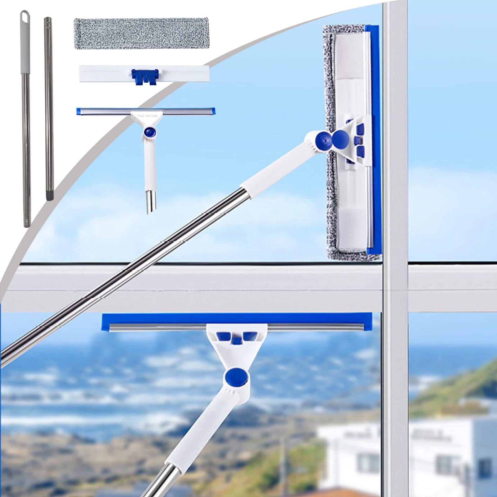 Window Squeegee 2-in-1 Window Cleaner with 40" Extension Poles Window Washing Kit Glass Door Cleaner Multi-Use Car Windshield Cleaning Tool with Long Handle for High Outdoor Windows