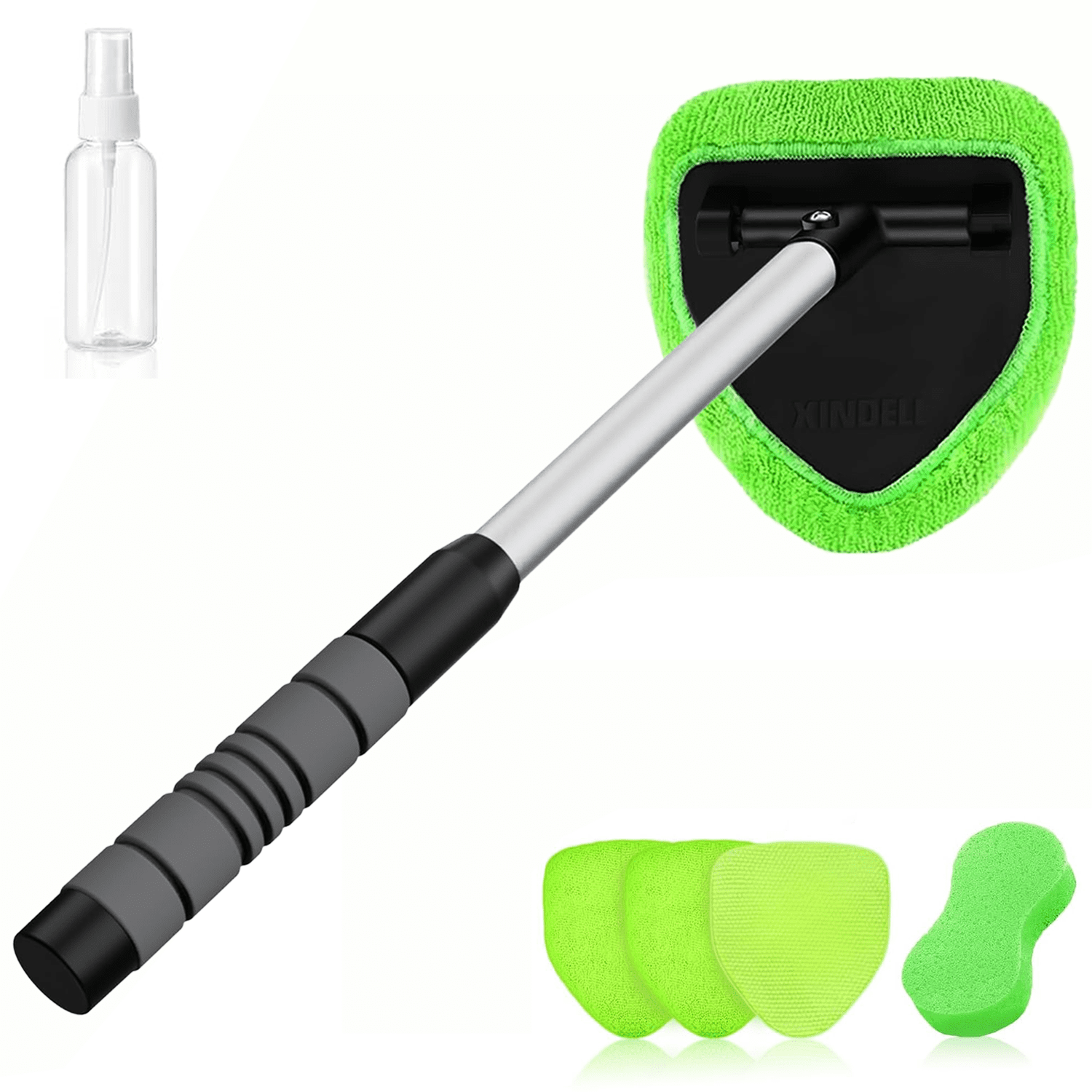 Portable Windshield Cleaner Tool – Car Interior Window Cleaning Kit with Extended Long Handle &amp; 4 Microfiber Pads