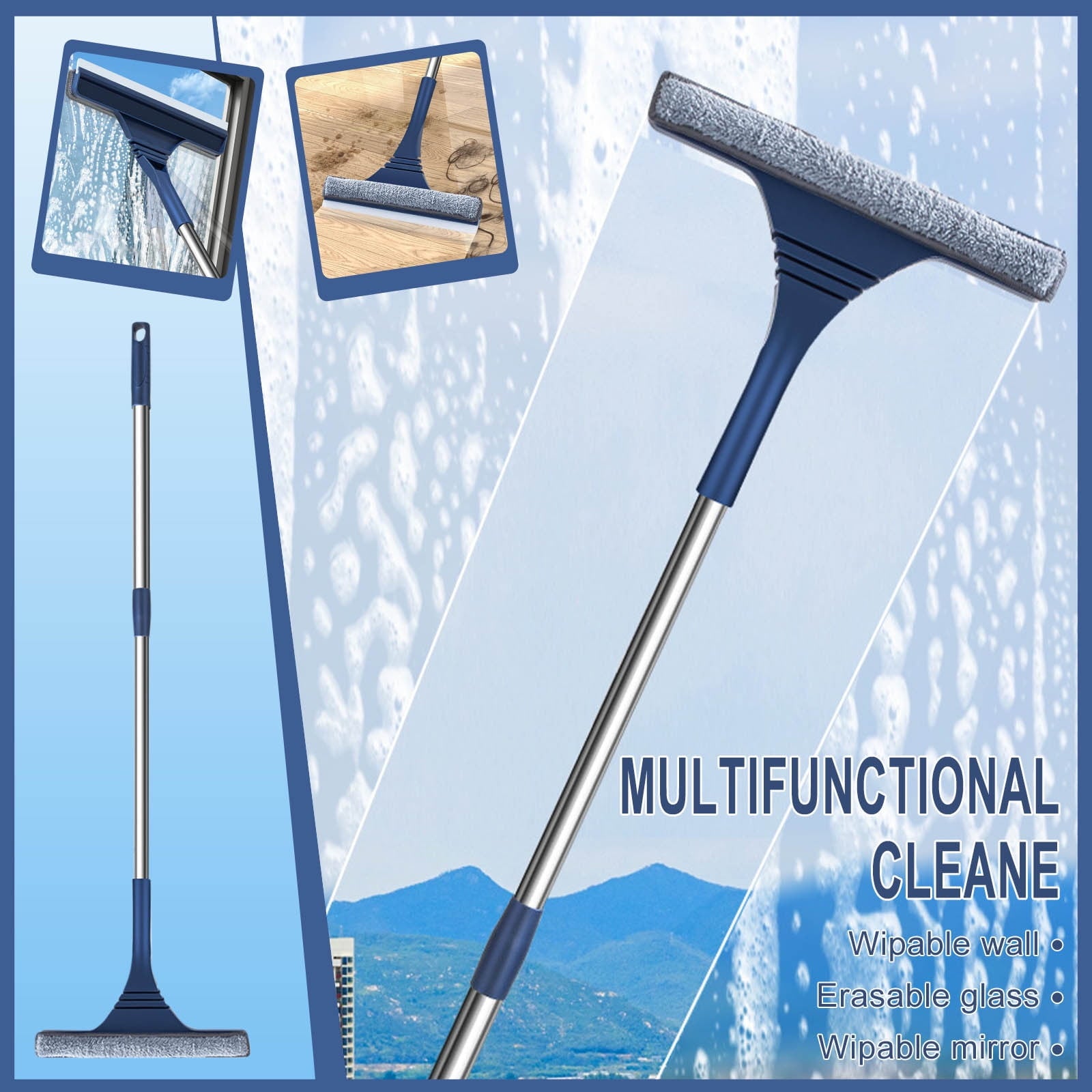 Window Squeegee, 2-in-1 Window Cleaner Extension Poles, Window Washing Kit, Glass Door Cleaner, Multi-Use Car Windshield Cleaning Tool with Long Handle for High Outdoor Windows