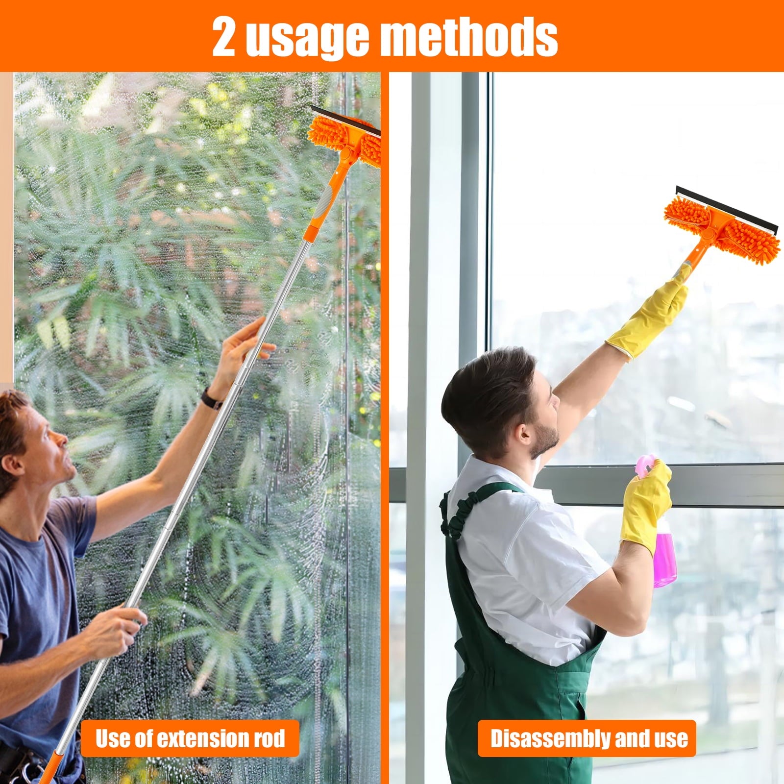Window Cleaning Squeegee Kit, 2 in 1 Window Squeegee Extension Pole Long Handle &amp; Groove Cleaning Tool for Window,Car,Shower Glass Door,Mirror,Indoor &amp; Outdoor 72.44*10.63in
