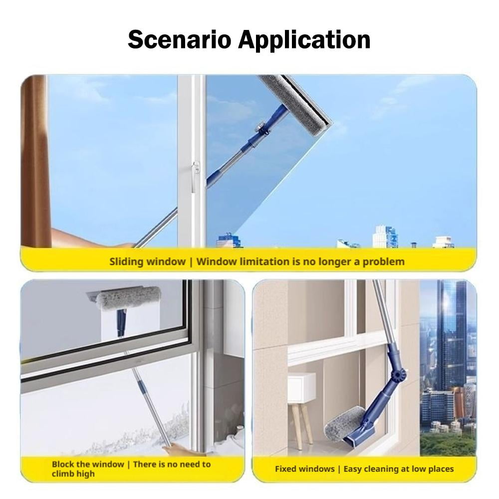 47in Window Squeegee with Extension Pole, 4-in-1 Telescopic Window Cleaner Tool with 2-Stage Telescoping Pole, Window Washing Equipment with Bendable Head