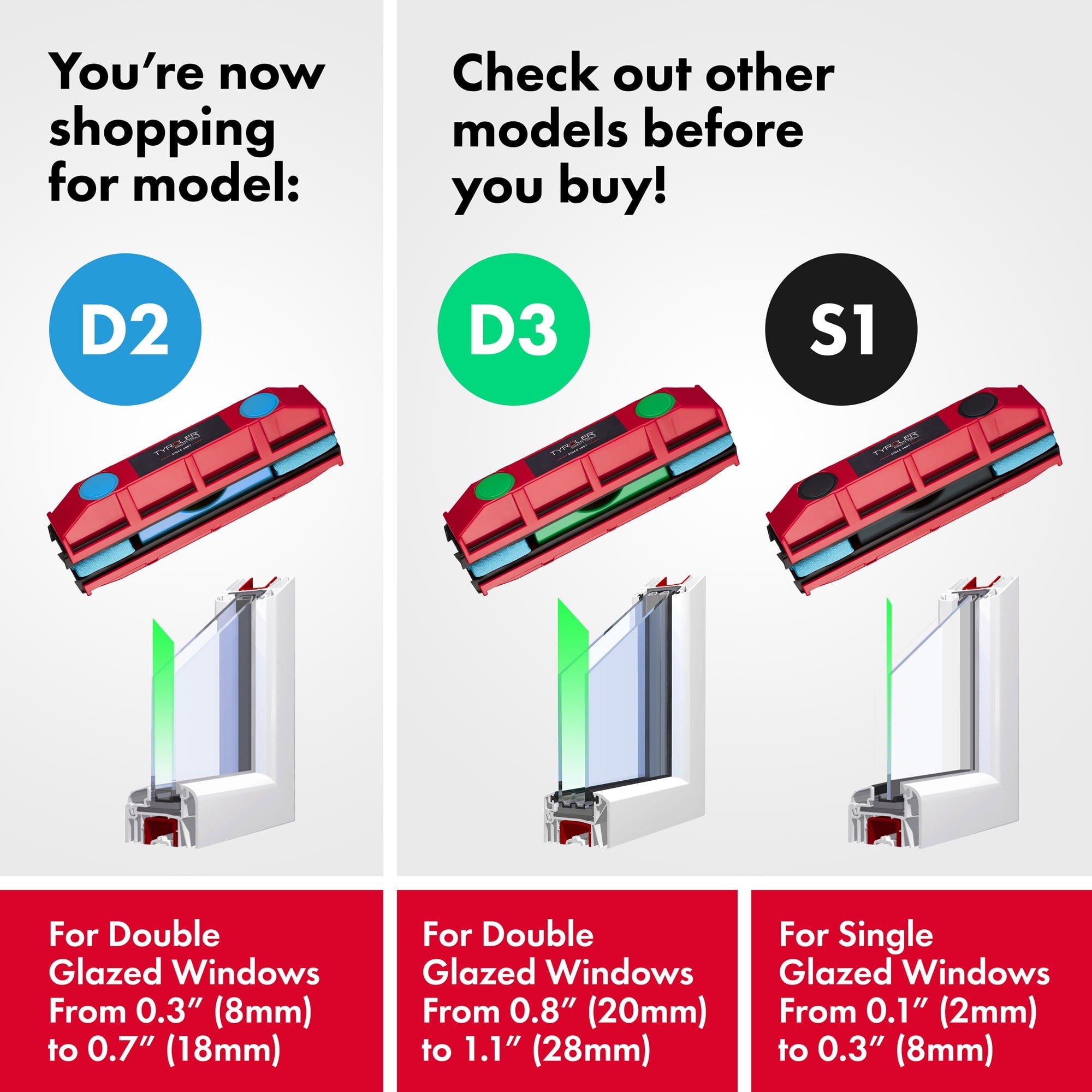 Bright Tools Glider D-2 Magnetic Window Cleaner Tool, Single Glass Squeegees 0.3"-0.7" Only