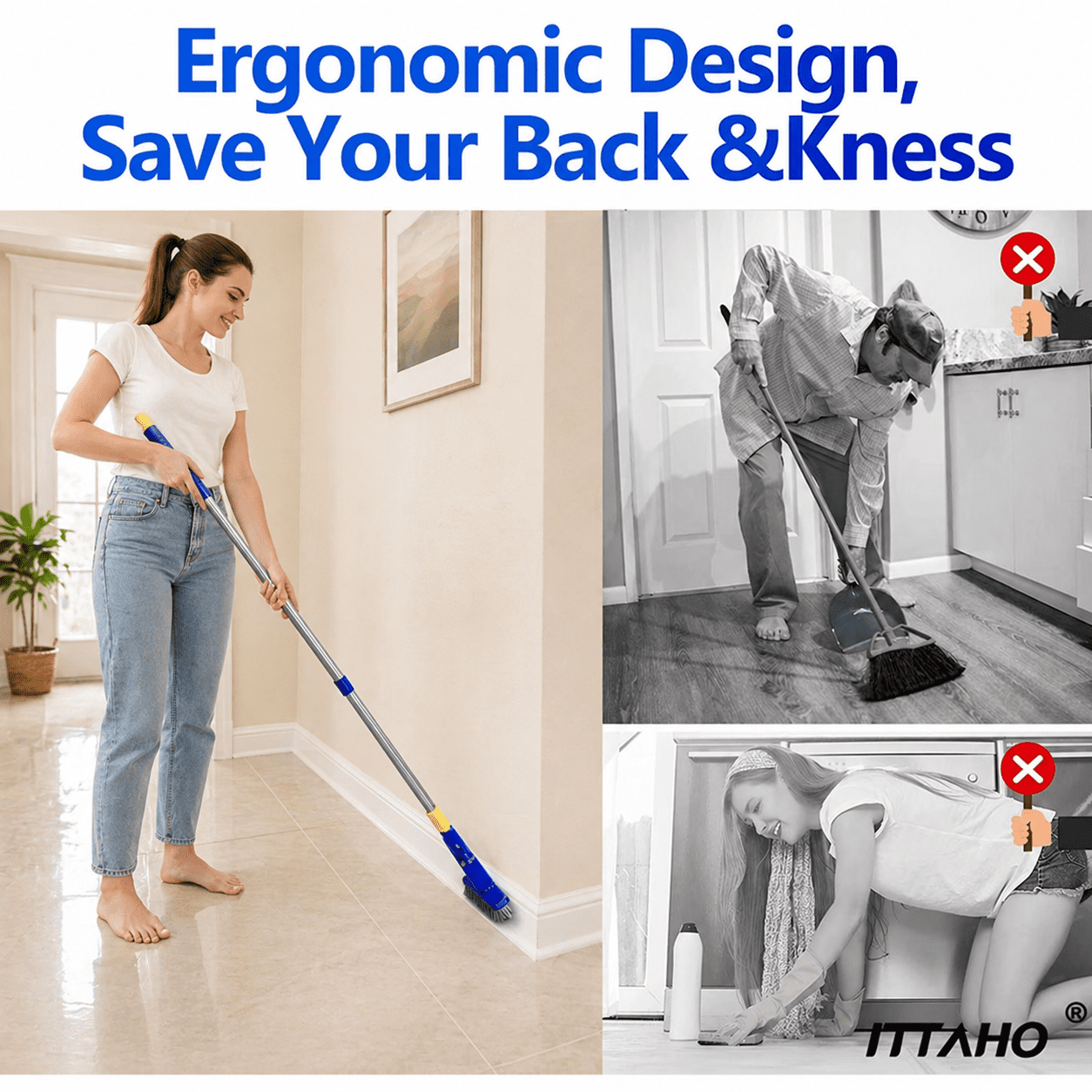 2 Pack Grout Brush with Long Handle, Swivel Cleaning Grout Line Scrubber Stainless Steel Pole - Image 3