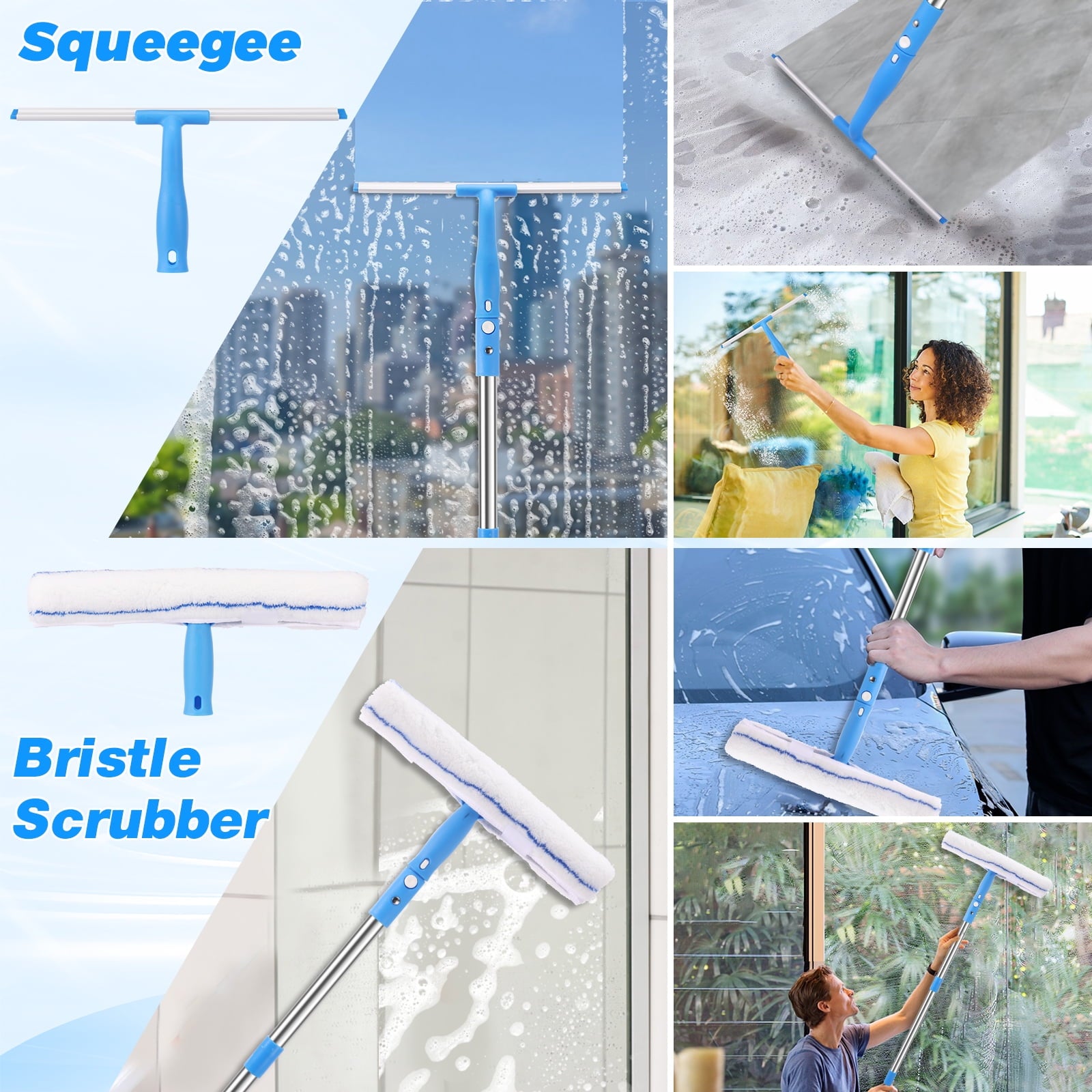 Window Squeegee with 61inch Long Handle, Window Cleaning Tools with Squeegee Scrubber and Scraper Blade, Window Cleaning Kit for Shower Glass Mirror Door
