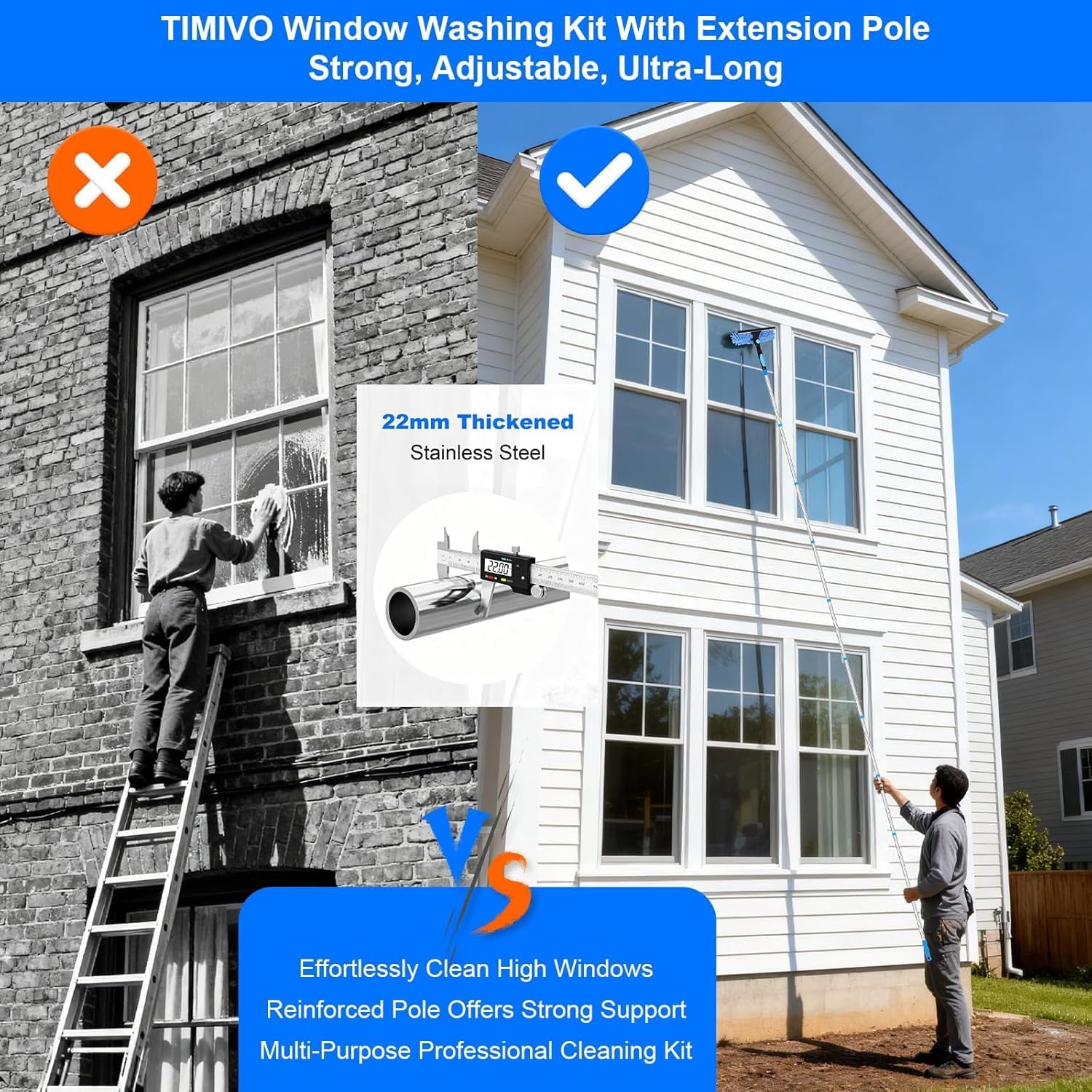 152'' Window Cleaning Kit, 2 in 1 Window with Extension Poles, Window Cleaner Tools for Indoor/Outdoor High Window, , Glass