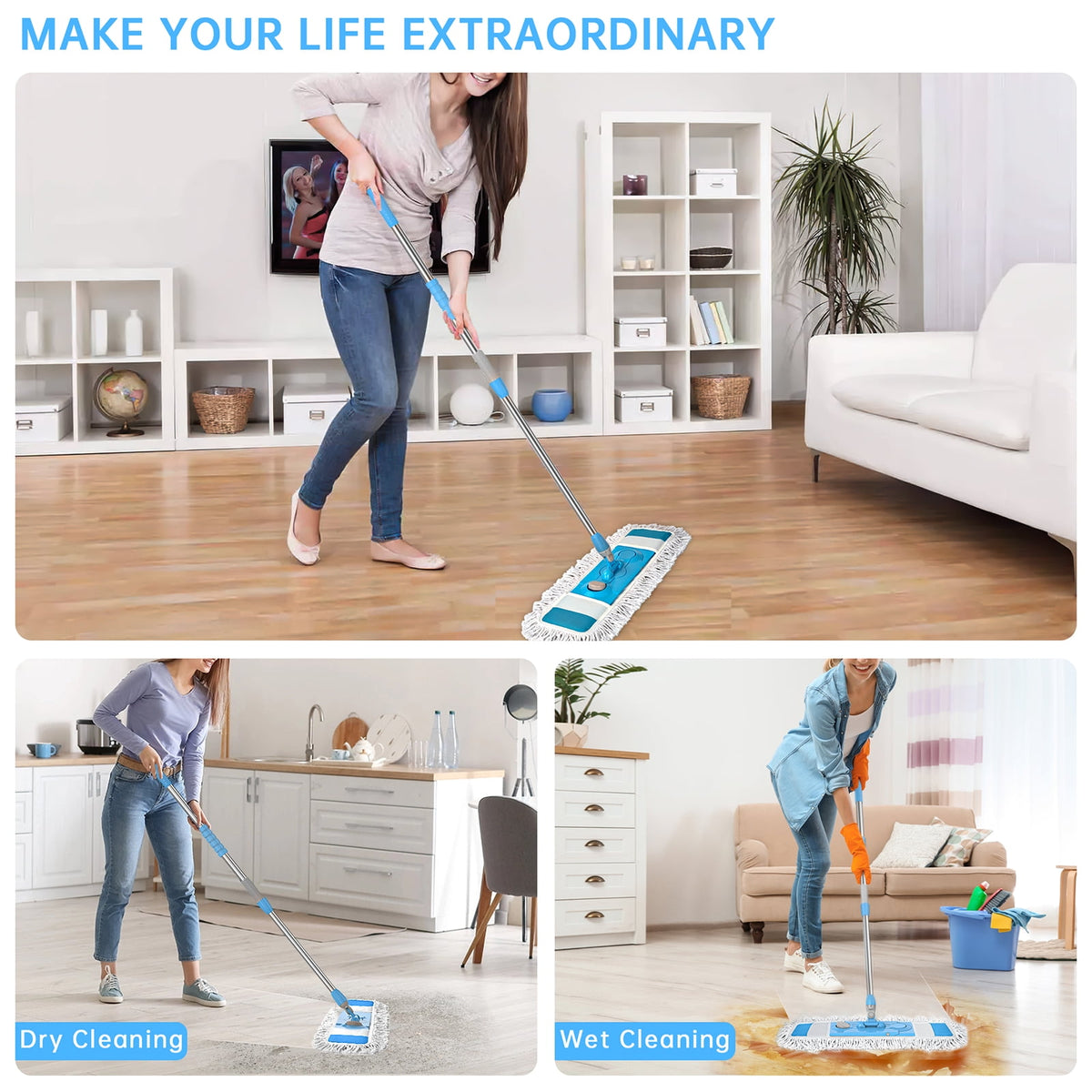 with 3 Reusable Washable Pads - One Touch Replacement, Extendable Stainless Steel Handle, Wet & Dry s for Floor Clean... - Image 3