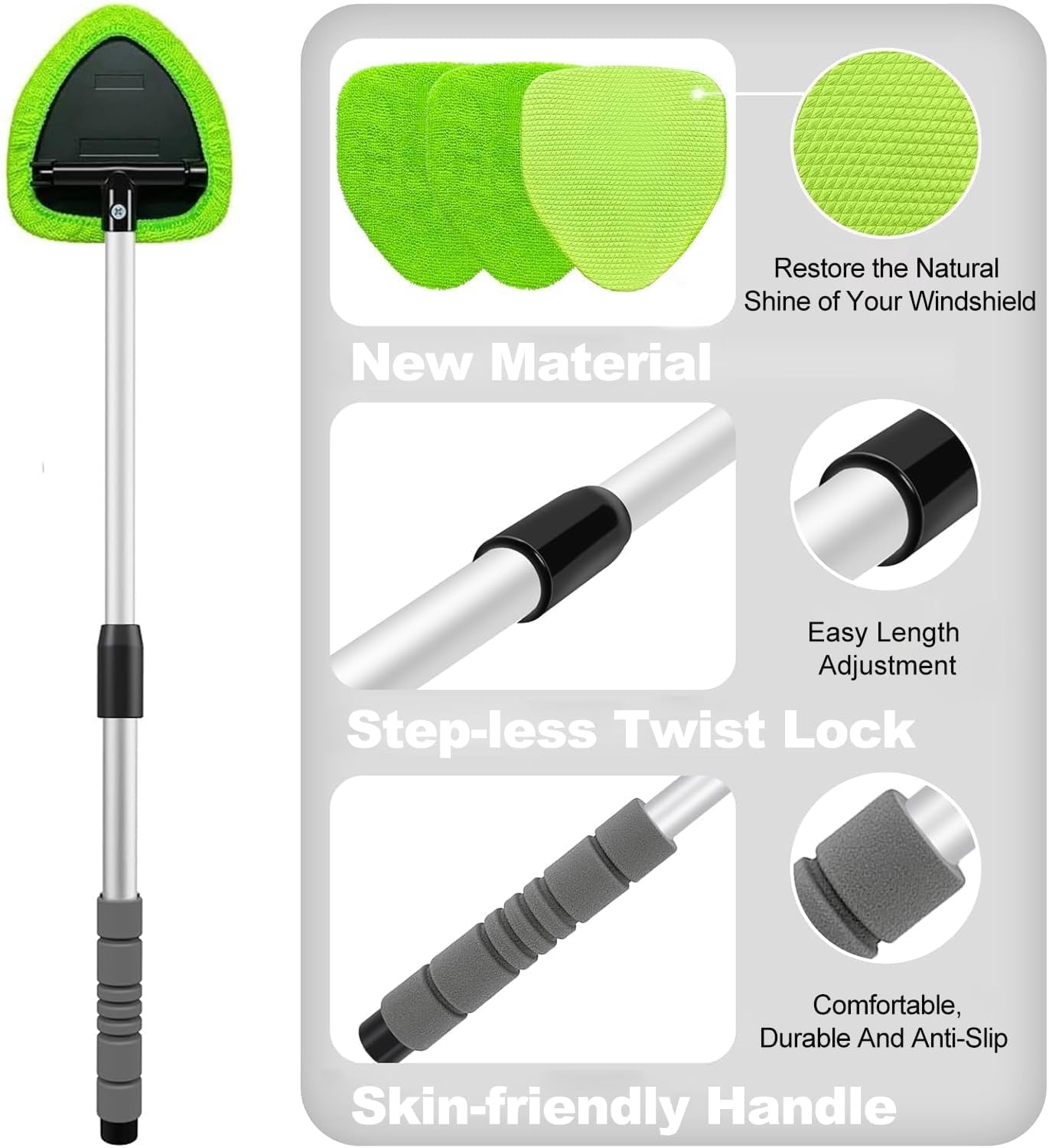 Portable Windshield Cleaner Tool – Car Interior Window Cleaning Kit with Extended Long Handle &amp; 4 Microfiber Pads